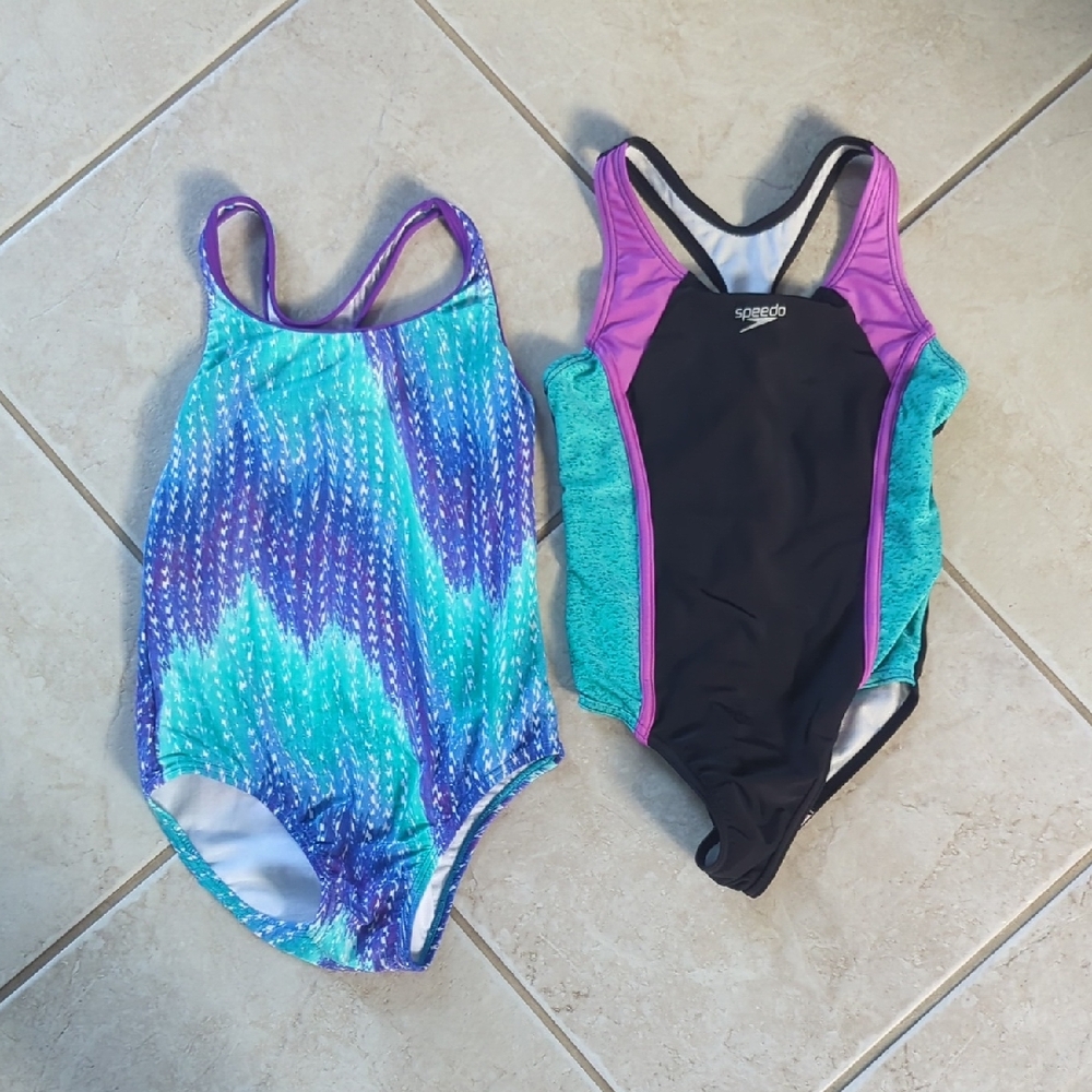 Speedo Black and Purple Swimsuit with Blue Patterned Set Girls Size 10